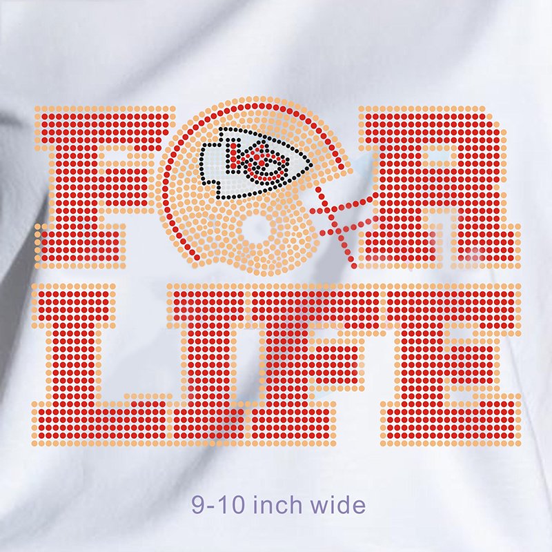 Vibrant Crystal NFL Chiefs "FOR LIFE" Logo Rhinestone Transfer, Eye-Catching Iron-On for Team Lovers