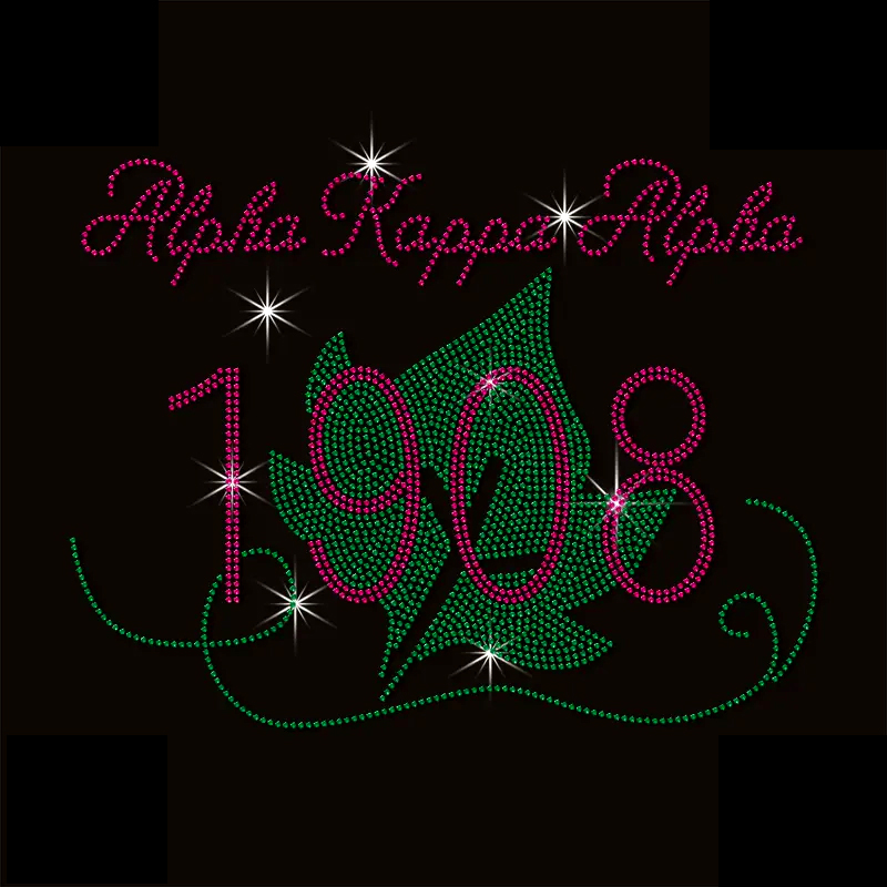 Alpha Kappa Alpha 1908 Ivy Leaf Rhinestone Heat Transfer, Pink Green Sorority Crystal Hotfix Iron On Patch For Garment DIY Decoration
