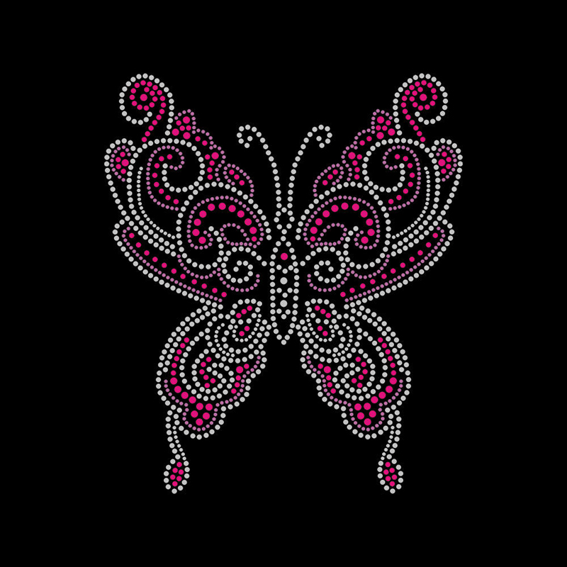 Pink White Swirl Rhinestone Butterfly Heat Transfer, Bling Crystal Hotfix Iron On Patch For Clothing DIY Decoration