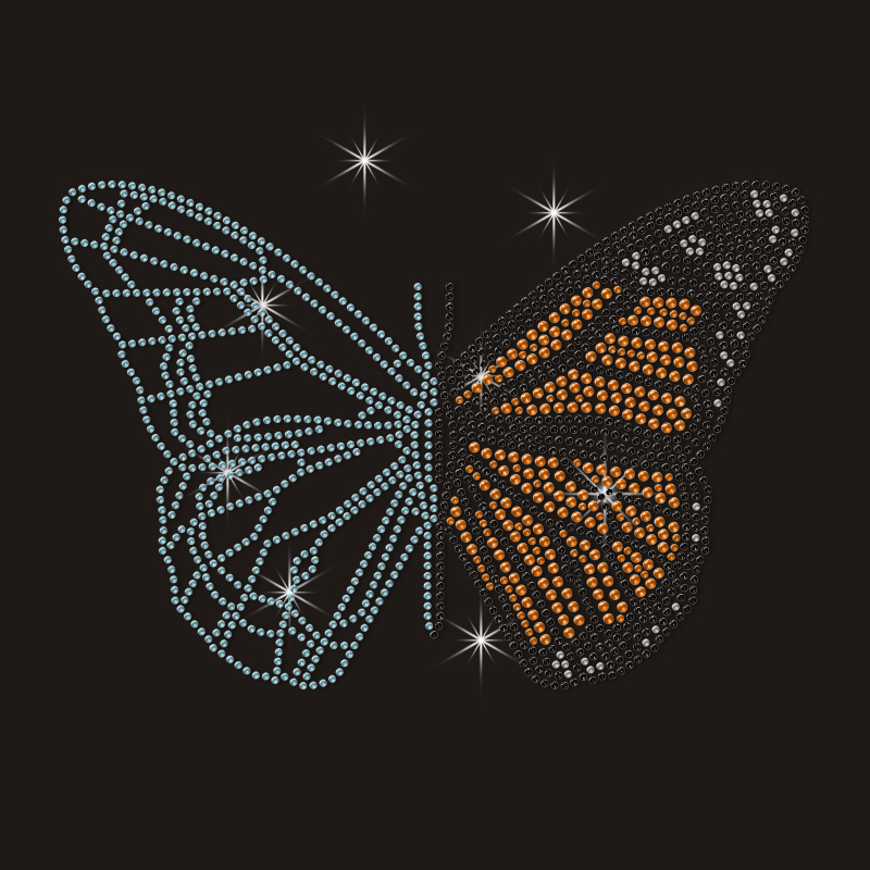 Orange Light Blue Two-Tone Rhinestone Butterfly Heat Transfer, Sparkly Crystal Hotfix Iron On Patch For Garment DIY Decoration