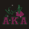 AKA inspired rhinestone heat transfer design featuring elegant lettering with a stylish lady silhouette in green and pink rhinestones