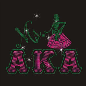 AKA inspired rhinestone heat transfer design featuring elegant lettering with a stylish lady silhouette in green and pink rhinestones