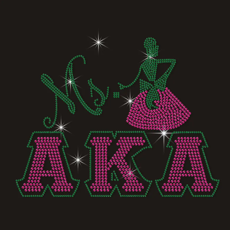 AKA inspired rhinestone heat transfer design featuring elegant lettering with a stylish lady silhouette in green and pink rhinestones